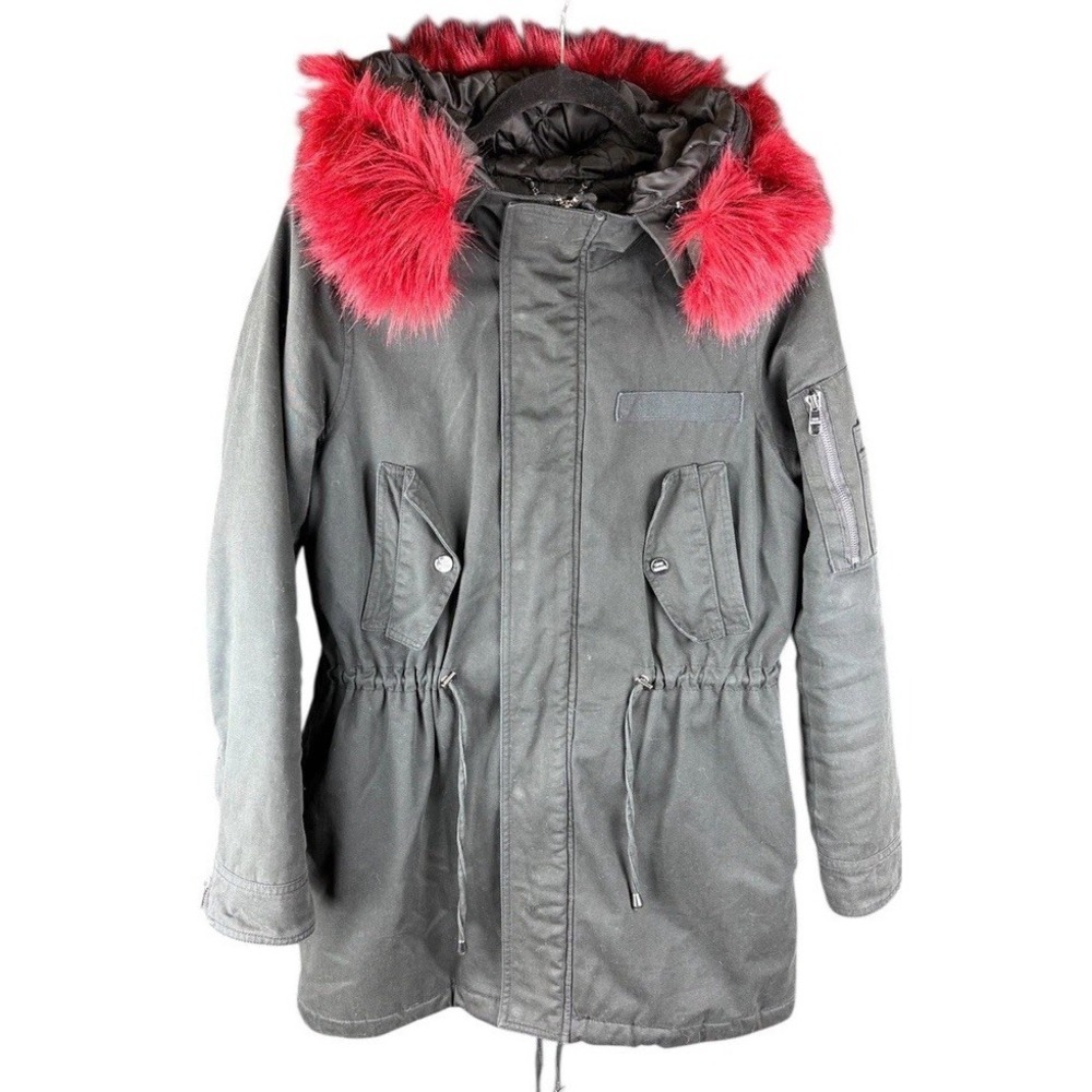 Steve Madden Women's Parka Coat Black Faux Fur Hood Long Winter Jacket Size M
